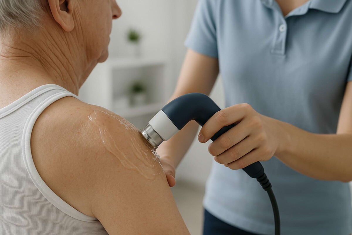 Ein älterer Mann bekommt eine Ultraschallbehandlung an seiner Schulter